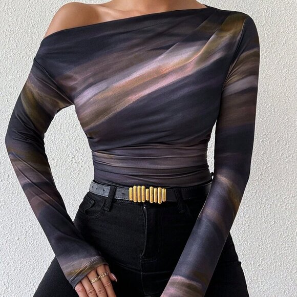 Casual Women's Marble Gradient Print Asymmetrical Neck top - Picture 5 of 6